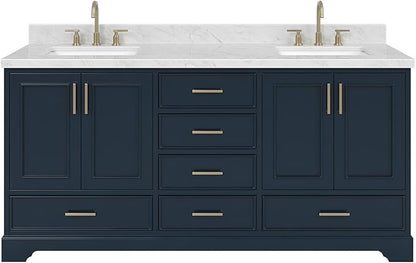 ARIEL Stafford 72-inch Bathroom Vanity with Sink,Solid Wood, 1.5-inch Italian Carrara Marble Countertop, Double Rectangular Porcelain Sink, 4 Soft Closing Doors, 6 Dovetail Drawers, Midnight Blue