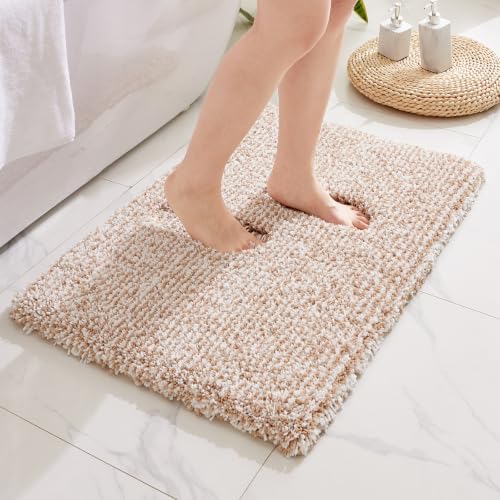 Disolla Bathroom Rug 24x36 - Non-Slip Plush Thick Bath Mat, Highly Absorbent & Ultra Soft Fluffy Floor Mat, Machine Washable for Shower and Tub, Beige & White
