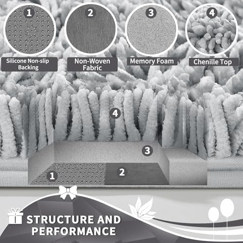 Yimobra Toilet Rugs U Shaped Washable, Extra Thick Soft Absorbent Chenille Contour Bathroom Rugs for Toilet 24x24 Inch, Quick Dry Non Slip Toilet Mat for Bath Floor, Light Grey
