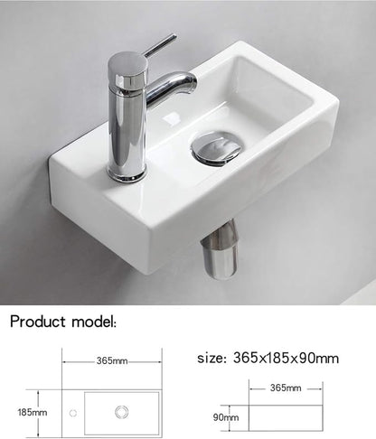 Wall Hung Basin Sink Small Cloakroom Basin Rectangle Ceramic Wash Basin Left Hand with Tap & Drain(Art Deco)