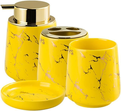 YYW Ceramic Bathroom Accessory Set, Marble Soap Dispenser Washing Set- Hand Lotion Dispenser Pump, Toothbrush Holder,Tumblers, Soap Dish-Refillable Liquid Dispenser (Yellow Four Piece)