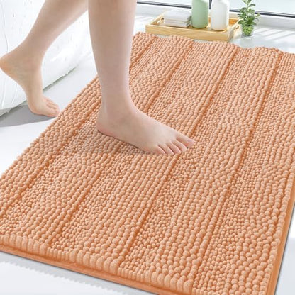 Grandaily Chenille Striped Bathroom Rugs 30x20, Extra Thick and Soft Absorbent Bath Mats, Rubber Backing, Plush Shaggy Shower Carpet, Machine Wash Dry, Bath Rug for Bathroom, Peach