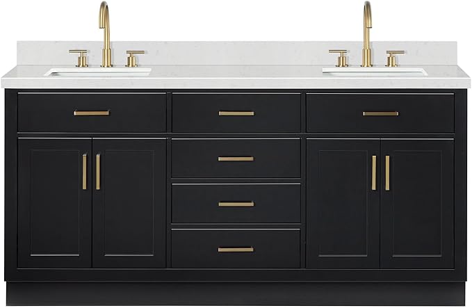 ARIEL Hepburn 72-inch Bathroom Vanity with Sink,Solid Wood, 1.5-inch Carrara White Quartz Countertop & Backsplash, Double Rectangular Porcelain Sink, 4 Soft Closing Doors, 6 Dovetail Drawers, Black