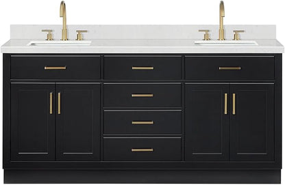 ARIEL Hepburn 72-inch Bathroom Vanity with Sink,Solid Wood, 1.5-inch Carrara White Quartz Countertop & Backsplash, Double Rectangular Porcelain Sink, 4 Soft Closing Doors, 6 Dovetail Drawers, Black