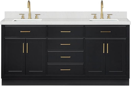 ARIEL Hepburn 72-inch Bathroom Vanity with Sink,Solid Wood, 1.5-inch Carrara White Quartz Countertop & Backsplash, Double Rectangular Porcelain Sink, 4 Soft Closing Doors, 6 Dovetail Drawers, Black