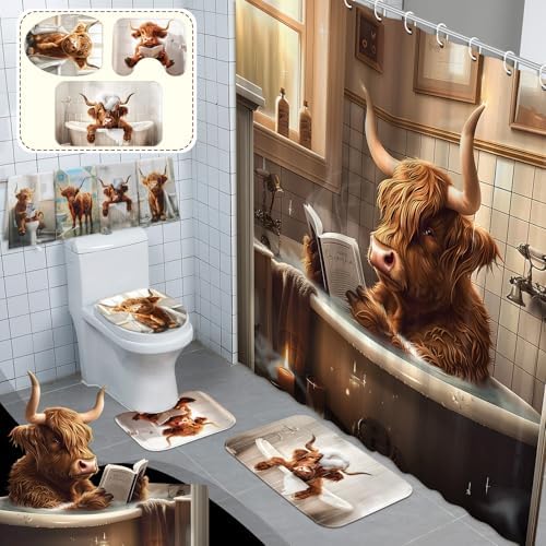 FuWeave 8 Pcs Highland Cattle Shower Curtain Sets for Bathroom Decor