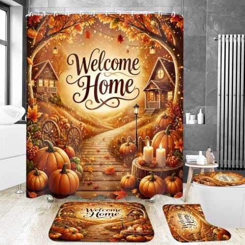 Yddsky 4PCS Fall Maple Pumpkin Shower Curtain Sets for Bathroom,72x72 Inch
