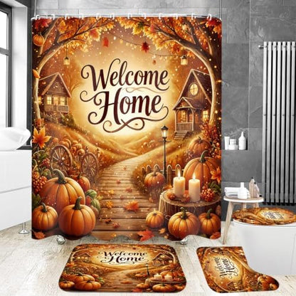 Yddsky 4PCS Fall Maple Pumpkin Shower Curtain Sets for Bathroom,72x72 Inch