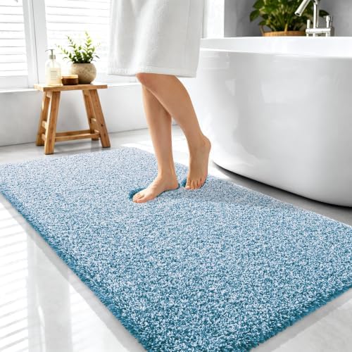 OLANLY Microfiber Soft Bathroom Rugs Mats 44x24, Peacock Blue and White