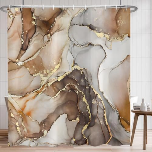 Brown Marble Shower Curtain, Modern Abstract Luxury Brown Gold Ink Texture Watercolor Art Bathroom Curtains Ombre Machine Washable Waterproof Fabric Bathtub Curtain Set with Hooks 66" Wx72 L