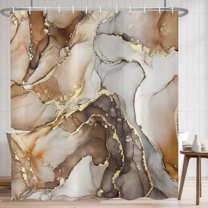 Brown Marble Shower Curtain, Modern Abstract Luxury Brown Gold Ink Texture Watercolor Art Bathroom Curtains Ombre Machine Washable Waterproof Fabric Bathtub Curtain Set with Hooks 60" Wx72 L