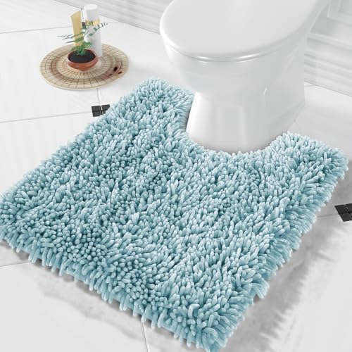 Yimobra Toilet Rugs U Shaped Washable, Extra Thick Soft Absorbent Chenille Contour Bathroom Rugs for Toilet 24x20 Inch, Quick Dry Non Slip Toilet Mat for Bath Floor, Greyish Blue