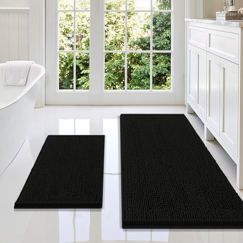 Smiry Chenille Bathroom Rugs Sets 2 Piece (47x20+24x16, Black)