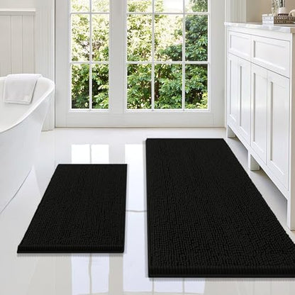 Smiry Chenille Bathroom Rugs Sets 2 Piece (47x20+24x16, Black)