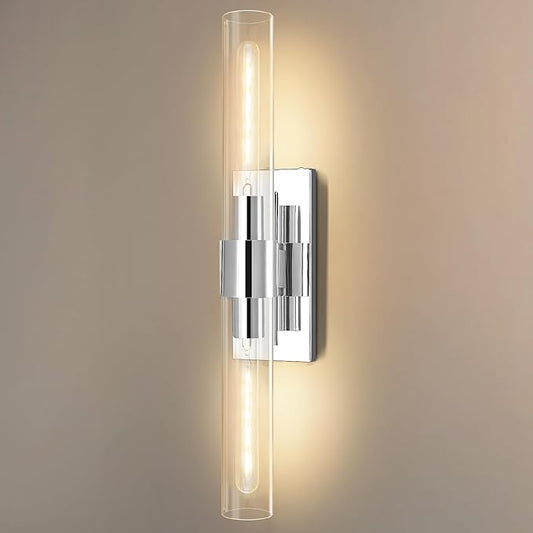 Chrome Wall Sconces, 22.8" Bathroom Sconces, Indoor Sconces Wall Lighting Up and Down, Nickel Wall Sconce Dimmable, Vanity Lights Fixtures with Tube, Glass Sconce for Bedroom, Staircase