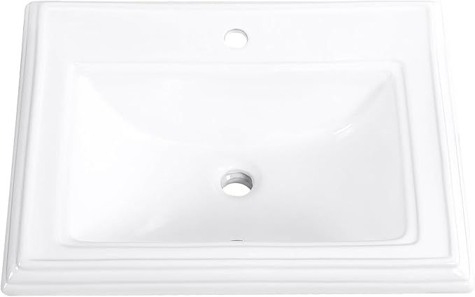 23" Drop-in Bathroom Sink With Single Hole White Ceramic Rectangular Vanity Basin Modern Self-Rimming Design for Master Bath, Powder Room and Guest Bathroom
