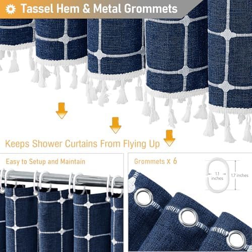 BTTN Stall Boho Farmhouse Linen Heavy Duty Shower Curtain, 36x72, Navy Blue