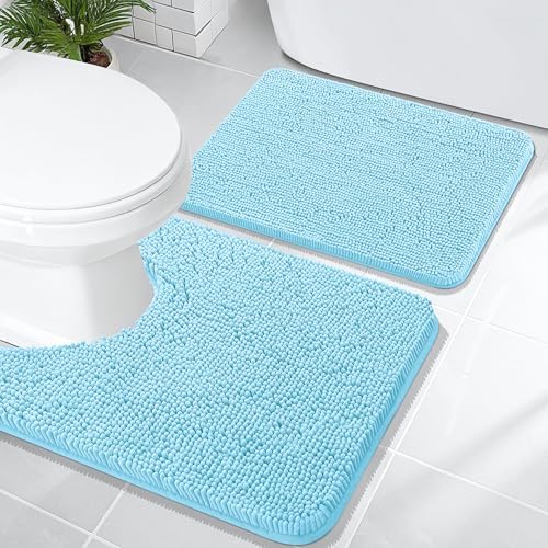 OLANLY Chenille Bathroom Rugs Mats Sets 2 Piece, 24"x16"+24"x20", Sky Blue