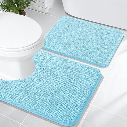 OLANLY Chenille Bathroom Rugs Mats Sets 2 Piece, 24"x16"+24"x20", Sky Blue