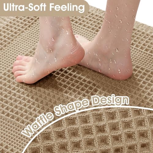 Upgraded Waffle Bath Mat Set 3 Piece Beige-Looped, Super Absorbent Non-Slip Quick Dry Bathroom Rugs with Tassels, Machine Washable Ultra Soft Boho Bath Rugs for Floor, Toilet Mats Boho Farmhouse Decor