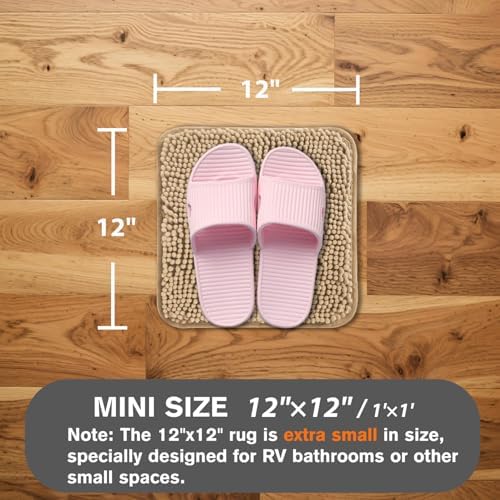 Small Bathroom Rug 12"x12" – Washable and Absorbent Mini Bath Mat, Non Slip, Thick Soft Chenille Bath Rugs for Bathroom, Shower, Locker Rug(Beige)
