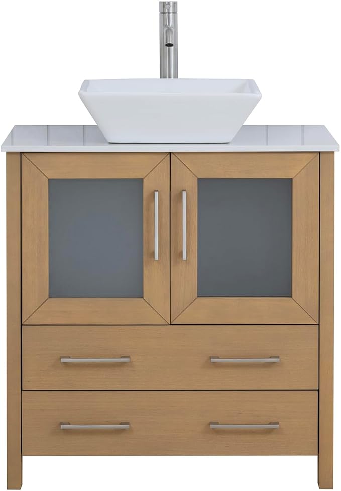 Vanity Art 30 Inch Vessel Single Sink Bathroom Vanity Cabinet with 1 Mirror, Engineered Marble Top Bathroom Cabinet Compact Set with 2 Dovetail Drawers and Soft Closing Doors, VA3130-NO