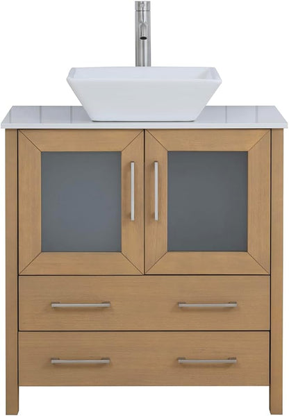 Vanity Art 30 Inch Vessel Single Sink Bathroom Vanity Cabinet with 1 Mirror, Engineered Marble Top Bathroom Cabinet Compact Set with 2 Dovetail Drawers and Soft Closing Doors, VA3130-NO