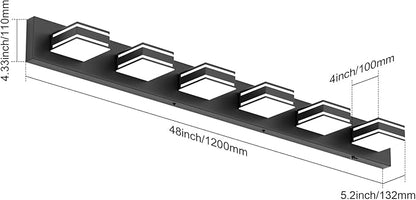 Ralbay 48inch Black Bathroom Vanity Light with 5 Color Temperatures (3000K-6000K) Dimmable Metal Acrylic Modern LED Matte Black Bathroom Lighting Over Mirror (6-Light)