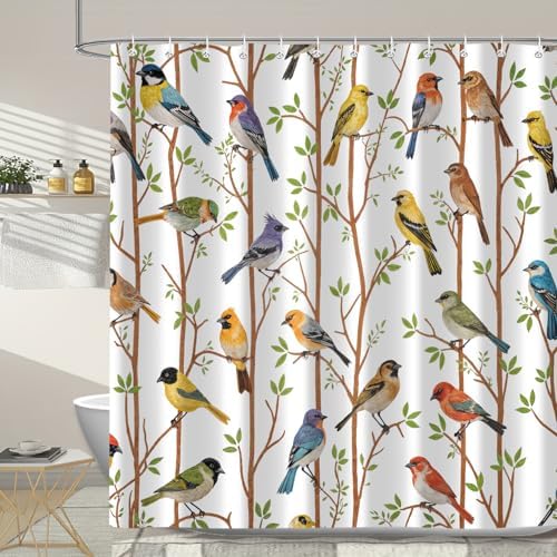 Moonslim Colorful Birds Shower Curtains, Woodland Green Leaves Trees Wildlife Vintage Spring Themed Shower Curtain Set, Fabric Bath Curtain for Bathroom Decor Waterproof Cloth with Hooks 72X72 Inch