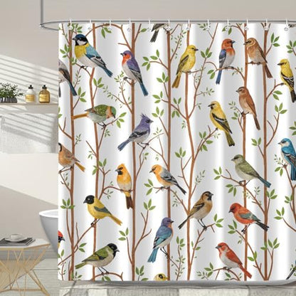 Moonslim Colorful Birds Shower Curtains, Woodland Green Leaves Trees Wildlife Vintage Spring Themed Shower Curtain Set, Fabric Bath Curtain for Bathroom Decor Waterproof Cloth with Hooks 72X72 Inch