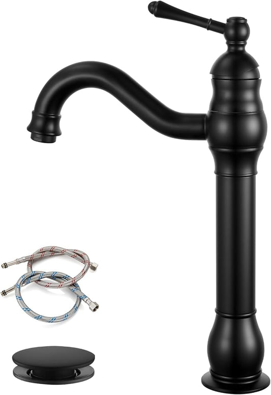 gotonovo Vessel Sink Faucet 360° Swivel Spout Single Handle Tall Bathroom Faucet 1 Hole Farmhouse Lavatory Washbasin Mixer Tap Matching Supply Hoses, with Pop Up Drain, Matte Black