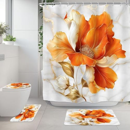 Burnt Orange Modern Floral Fall 4Pcs Bathroom Shower Curtain Set with Rugs