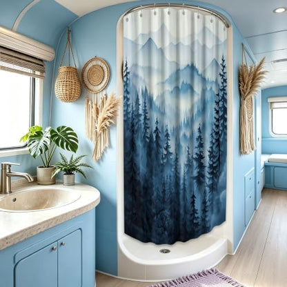 Navy Blue Forest Stall Shower Curtain, 47X64 in Narrow Small, Mountain