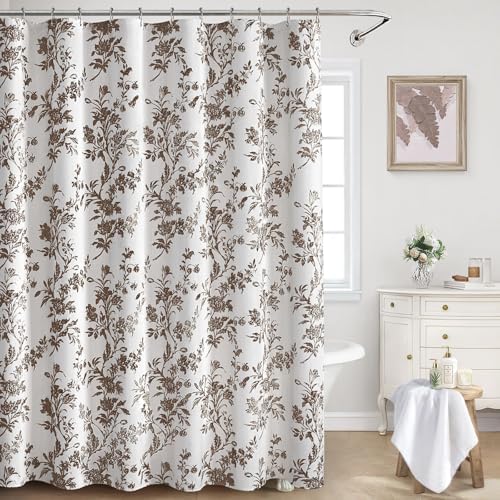 Brown Floral Shower Curtain,Vintage Cotton Cottagecore Shower Curtains for Bathroom, 72" W x 72" L