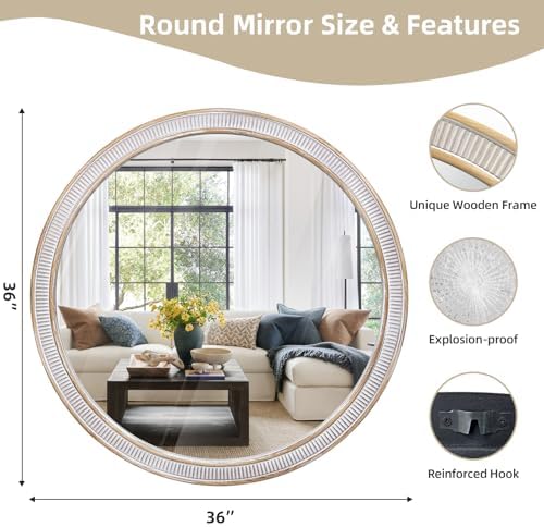 36 Inch Large Round Wood Mirror, Farmhouse Bathroom Mirrors for Wall