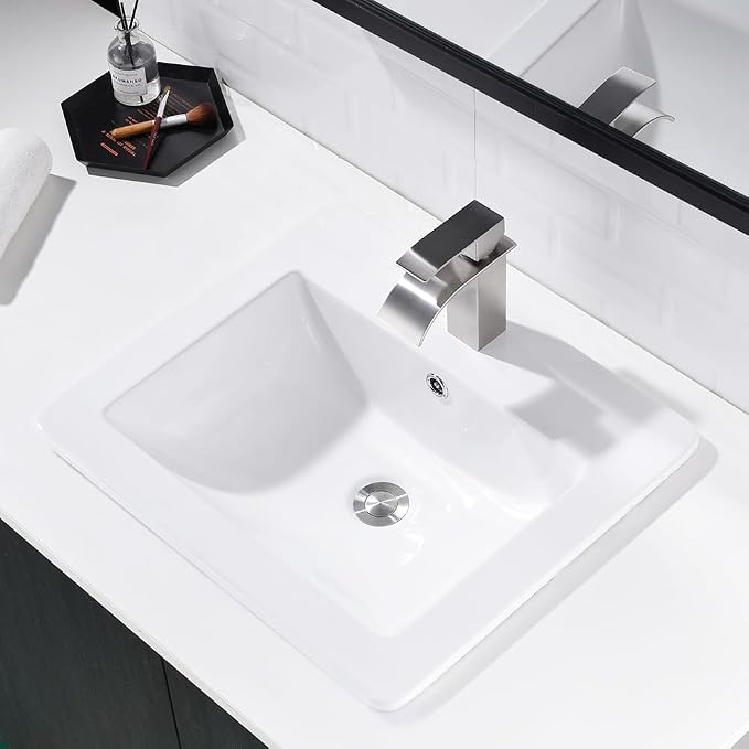 21x18 White Vessel Bathroom Sink Drop In Ceramic Vanity | Vessel Sink, 21x18" White Ceramic Bathroom Sink, Drop In Rectangular Vanity, Semi Recessed, with Overflow, Easy Clean