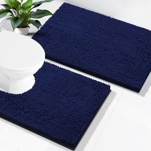 Smiry Chenille Bathroom Rugs Sets 2 Piece (24x16+ U Shape 24x20, Navy Blue)