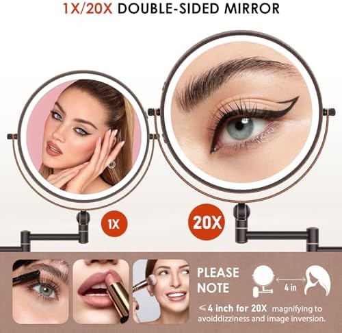 9" Wall Mounted Lighted Makeup Mirror,4000mAh Rechargeable Double Sided 1X/20X Magnifying Mirror with Light,Touch Dimmable,Extended Arm 360 Rotation Wall Mounted Makeup Mirror 3 Color Lights-Bronze