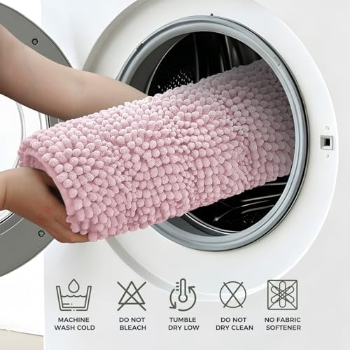 Bcoimo Bath Rug Mat,48x30 Chenille Non Slip Pink Long Bathroom Runner Rugs