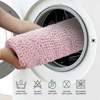 Bcoimo Bath Rug Mat,48x30 Chenille Non Slip Pink Long Bathroom Runner Rugs