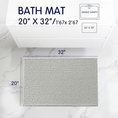 SUBRTEX Bathroom Rugs, 20" x 32" Chenille Bath Rug Soft Short Plush Bath Mat Soft Shower Mat Water Absorbent Shower Mat Quick Dry Machine Washable, Light Gray