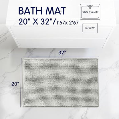 SUBRTEX Bathroom Rugs, 20" x 32" Chenille Bath Rug Soft Short Plush Bath Mat Soft Shower Mat Water Absorbent Shower Mat Quick Dry Machine Washable, Light Gray