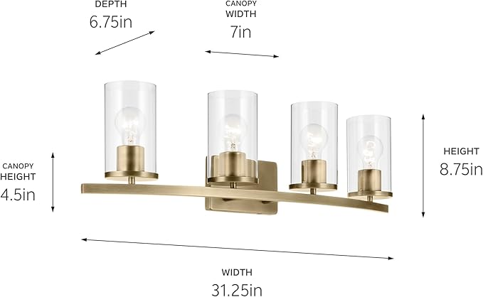 Kichler Crosby 31.25" 4-Light Vanity Light with Clear Glass in Natural Brass, for Bathroom, (31.25 x 8.75), 45498NBRCLR