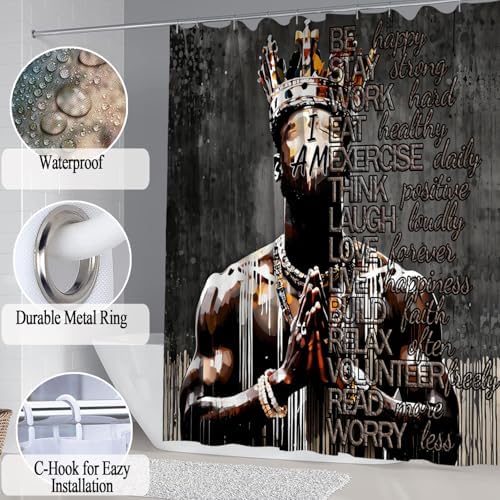 4Pcs Cool Black King Shower Curtain Set with Shower Curtain and Rug Toilet Lid Cover Bath Mat, Inspirational Quote African American King Fathers Day Bathroom Decor Shower Curtains for Man