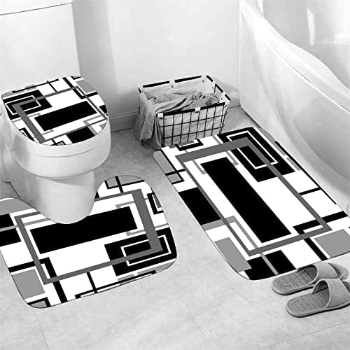 Yddsky 4 Pcs Black Geometric Shower Curtain Set with Rugs Bathroom Set