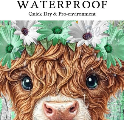 Cow Shower Curtain, Farmhouse Rustic Floral Funny Highland Cow Shower Curtains for Bathroom, Western Cute Daisy Flowers and Butterfly on Country Wooden Farm Animal Bathroom Decor with Hooks 54X72in