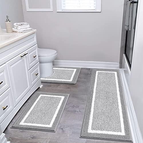 Pauwer Bathroom Rugs 3 Piece Set, Non Slip Washable Bath Mat, Light Grey