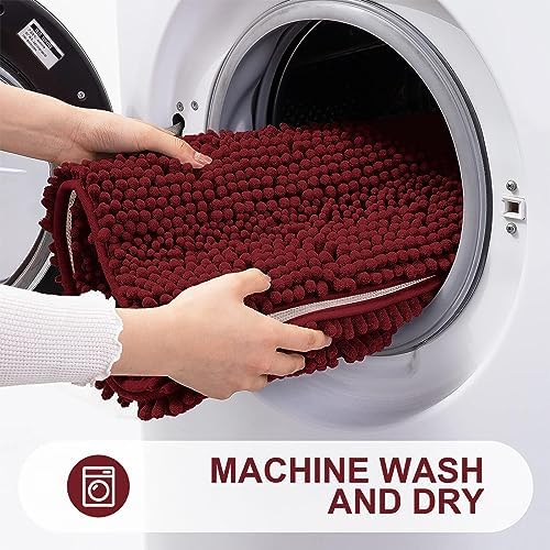 Grandaily Chenille Striped Bathroom Rugs 40x32, Extra Thick and Absorbent Bath Mats, Non-Slip Soft Plush Shaggy Shower Carpet, Machine Wash Dry, Bath Rug for Bathroom, Burgundy