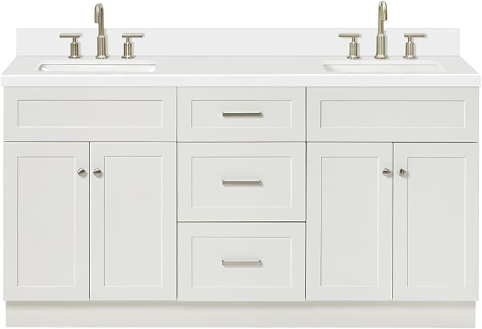 ARIEL Hamlet 66-inch Bathroom Vanity with Sink,Solid Wood, 1.5-inch Pure White Quartz Countertop & Backsplash, Double Rectangular Porcelain Sink, 4 Soft Closing Doors, 3 Dovetail Drawers, White