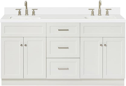 ARIEL Hamlet 66-inch Bathroom Vanity with Sink,Solid Wood, 1.5-inch Pure White Quartz Countertop & Backsplash, Double Rectangular Porcelain Sink, 4 Soft Closing Doors, 3 Dovetail Drawers, White